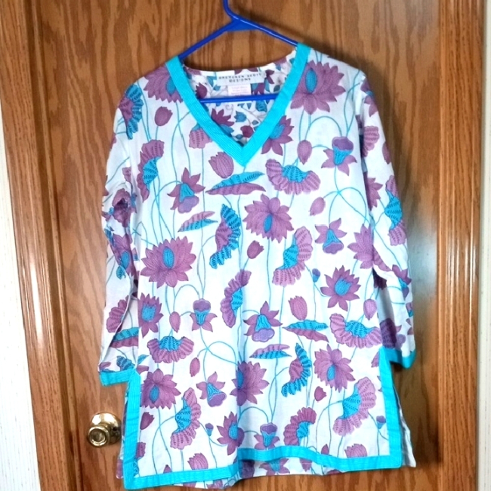 Gretchen Scott Designs Purple and Blue Floral Top, Boho, Festival, Beachy, Cotto